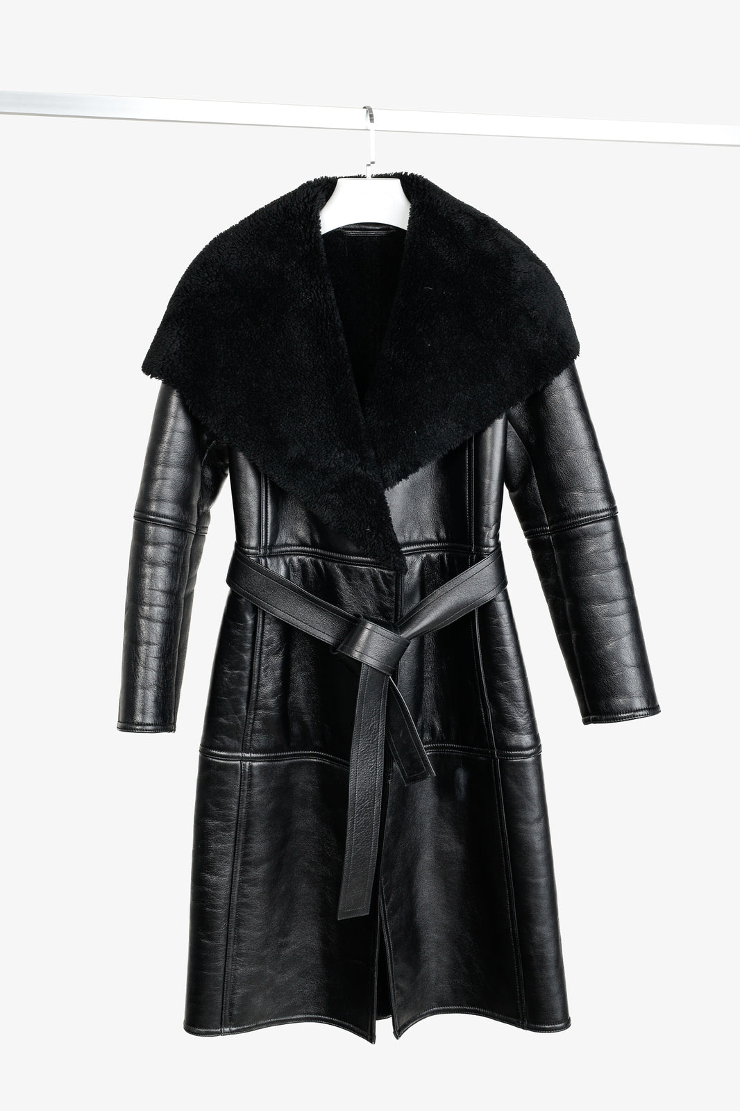 Balenciaga PF/19 Black Leather Shearling Belted Trench Coat