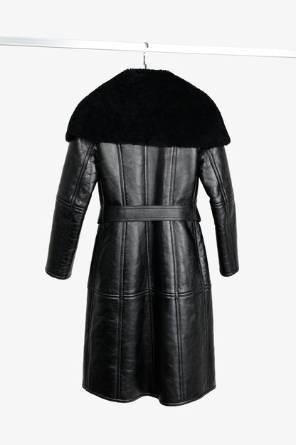 Balenciaga PF/19 Black Leather Shearling Belted Trench Coat