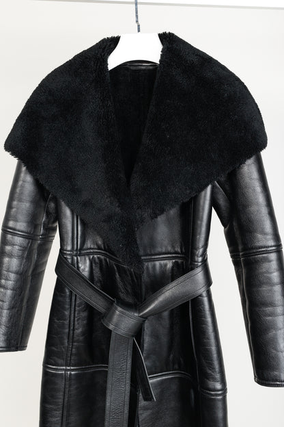 Balenciaga PF/19 Black Leather Shearling Belted Trench Coat