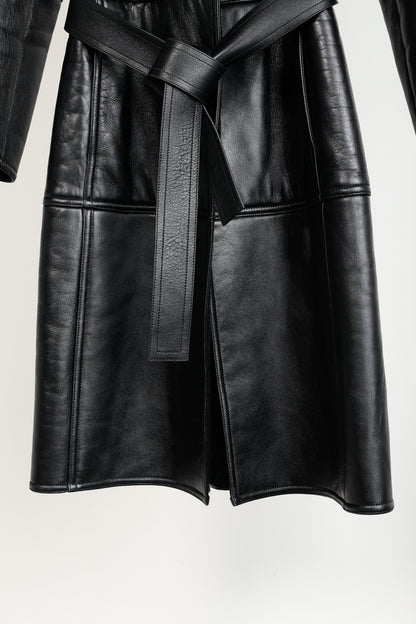 Balenciaga PF/19 Black Leather Shearling Belted Trench Coat