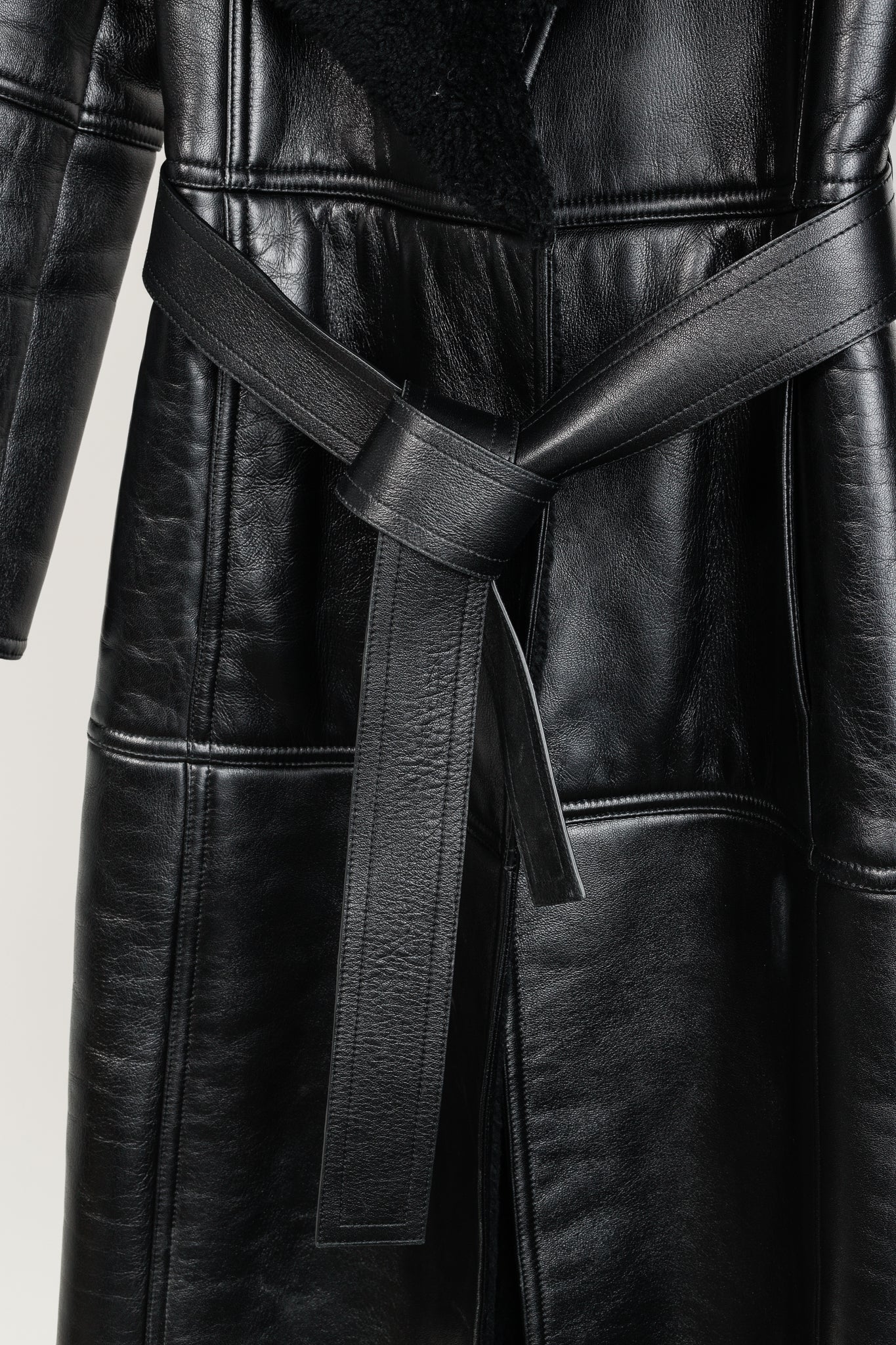 Balenciaga PF/19 Black Leather Shearling Belted Trench Coat