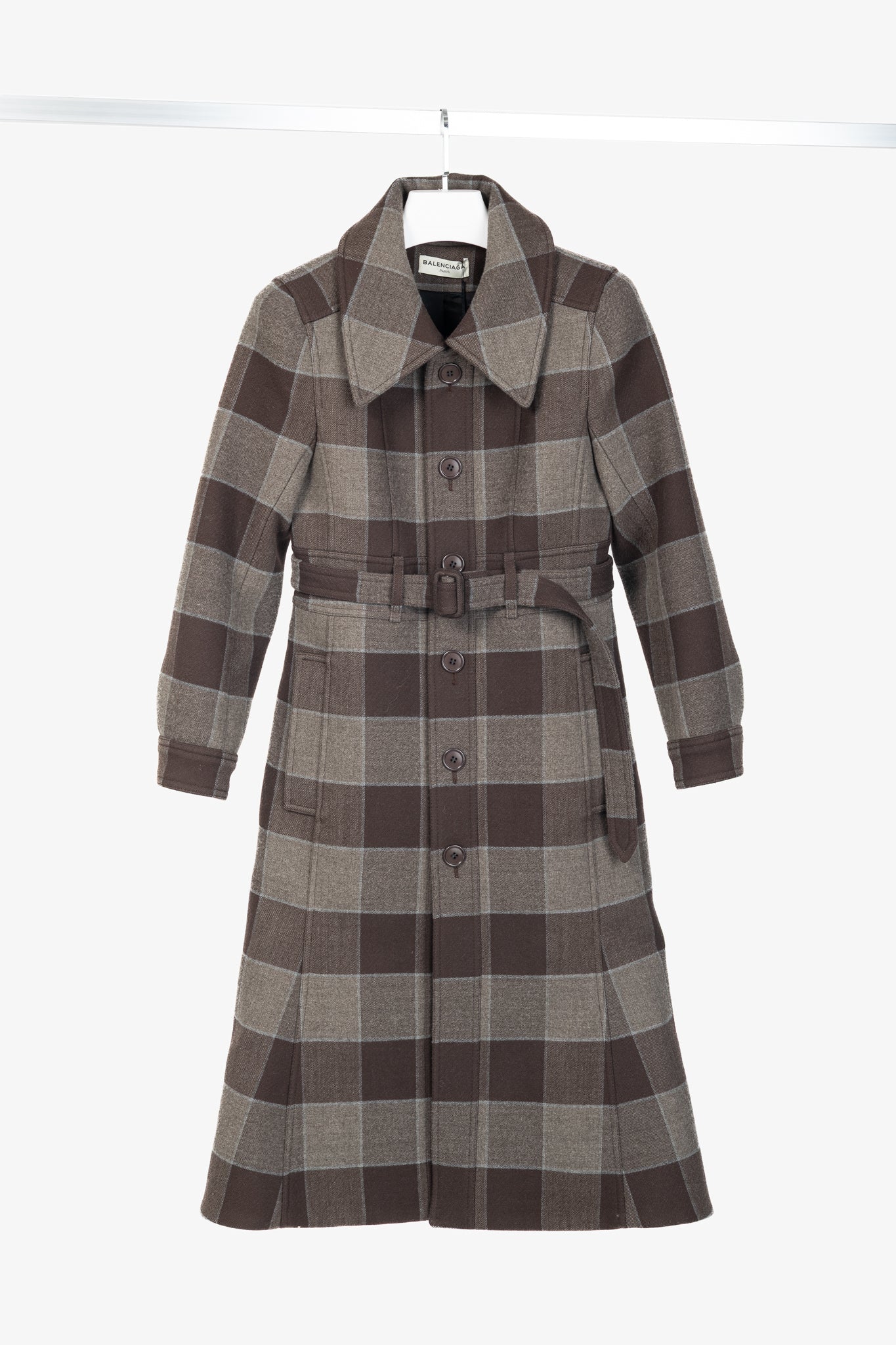 Balenciaga AW/16 Runway Brown Check Wool Belted Coat