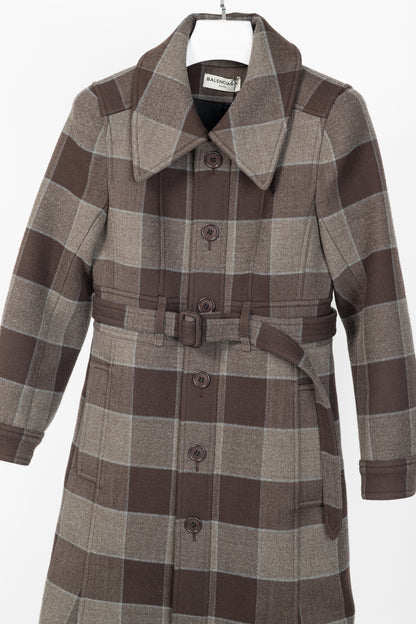 Balenciaga AW/16 Runway Brown Check Wool Belted Coat