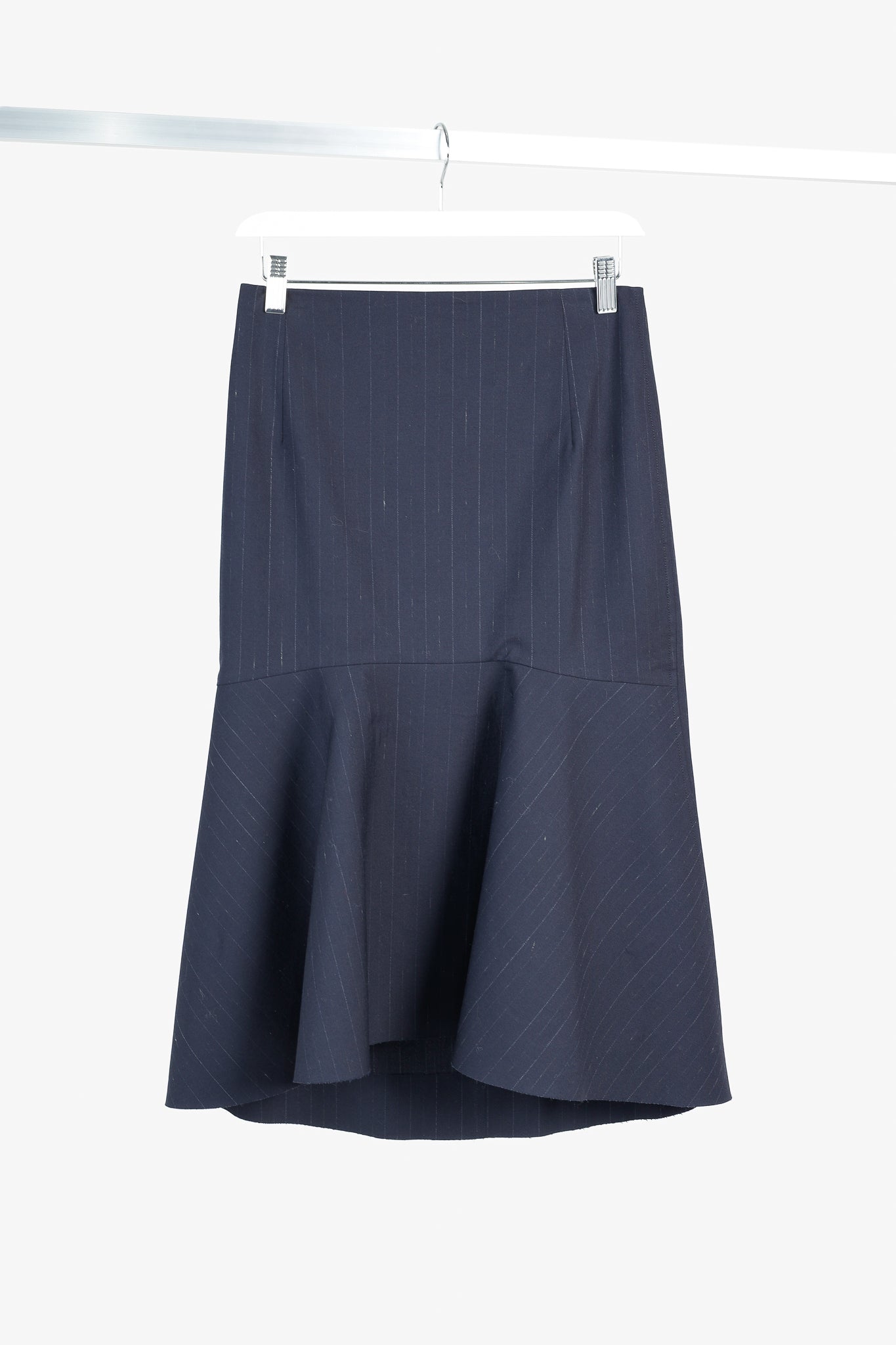 Balenciaga 2019 Navy Chalk Pinstripe Wool Trumpet Skirt