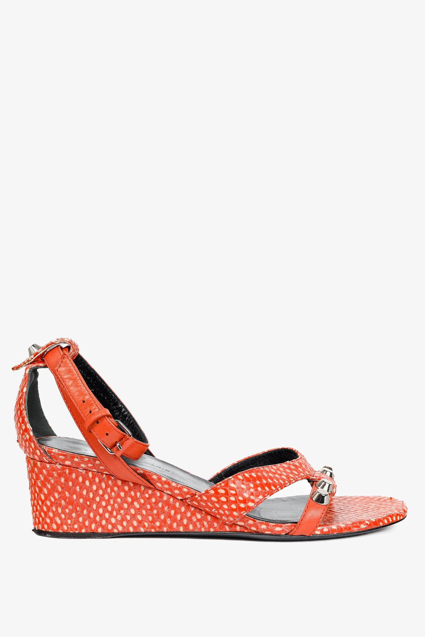 Balenciaga Orange Snakeskin-Embossed Studded Wedge Sandals