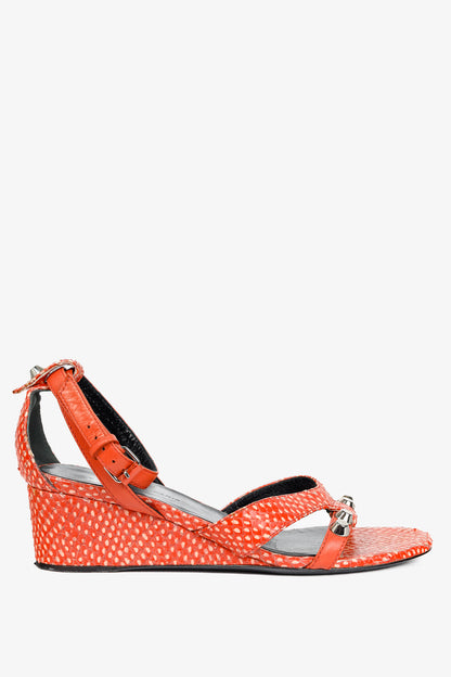 Balenciaga Orange Snakeskin-Embossed Studded Wedge Sandals
