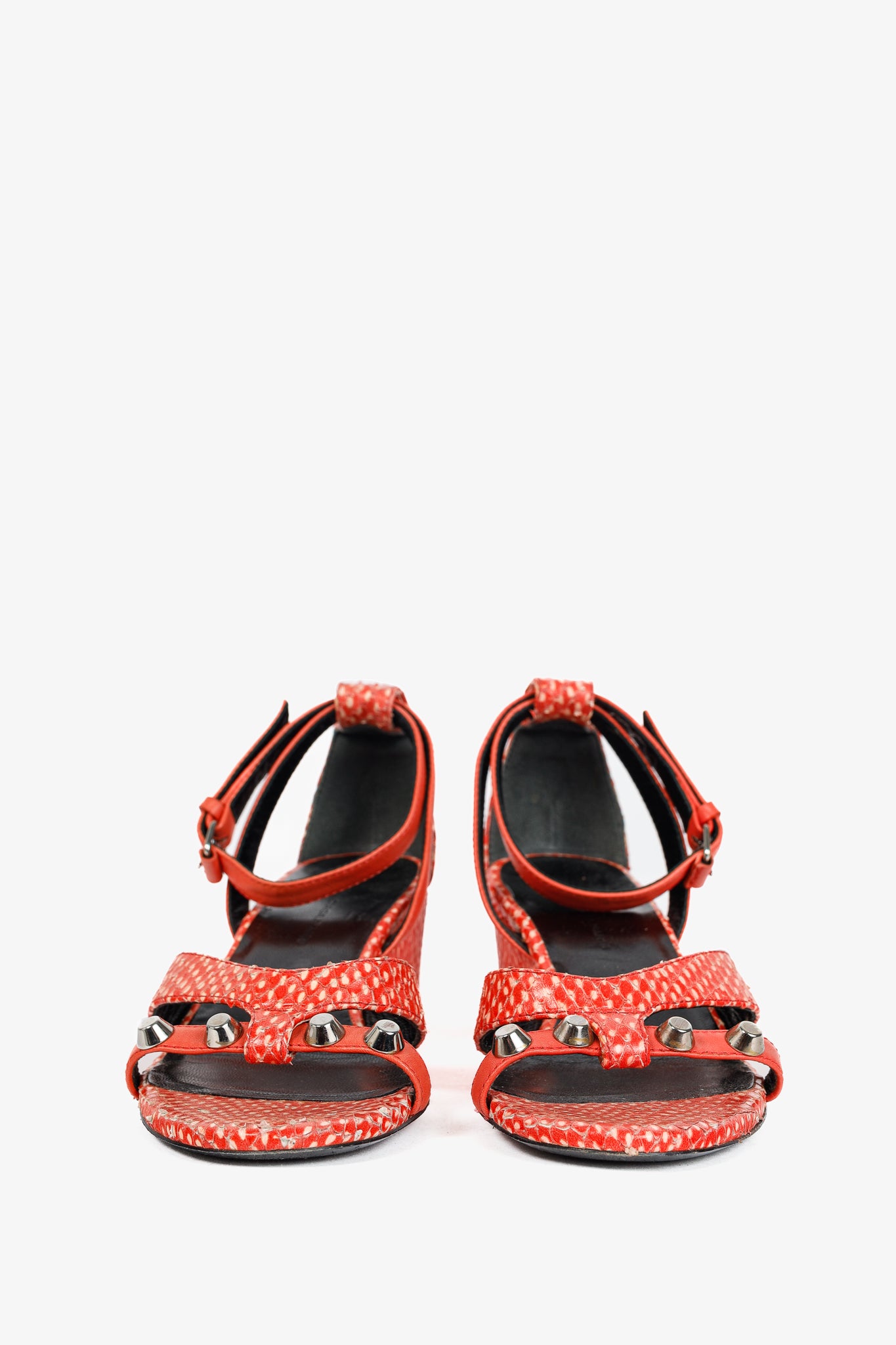 Balenciaga Orange Snakeskin-Embossed Studded Wedge Sandals