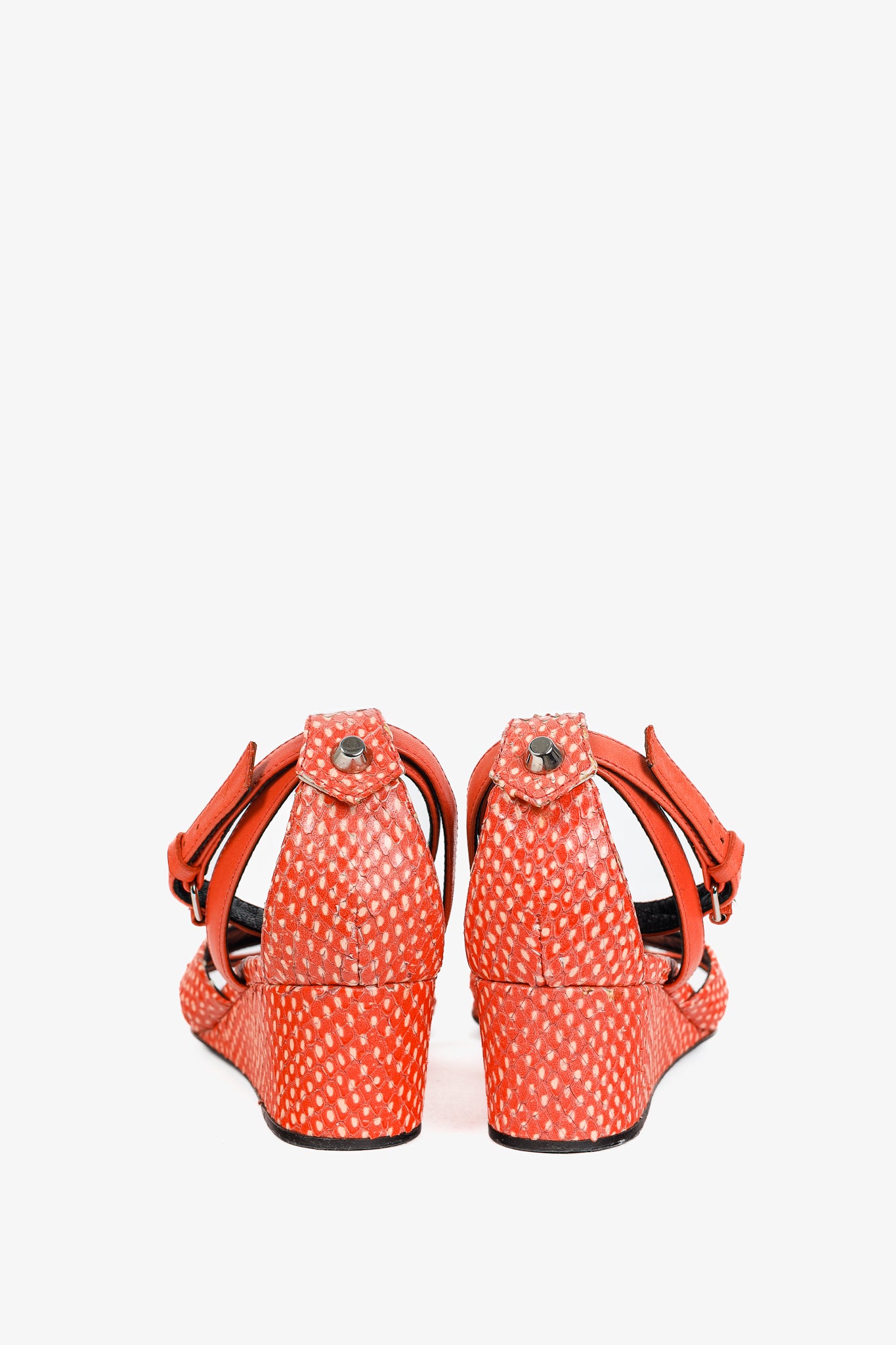 Balenciaga Orange Snakeskin-Embossed Studded Wedge Sandals