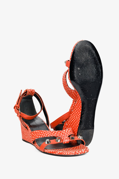 Balenciaga Orange Snakeskin-Embossed Studded Wedge Sandals