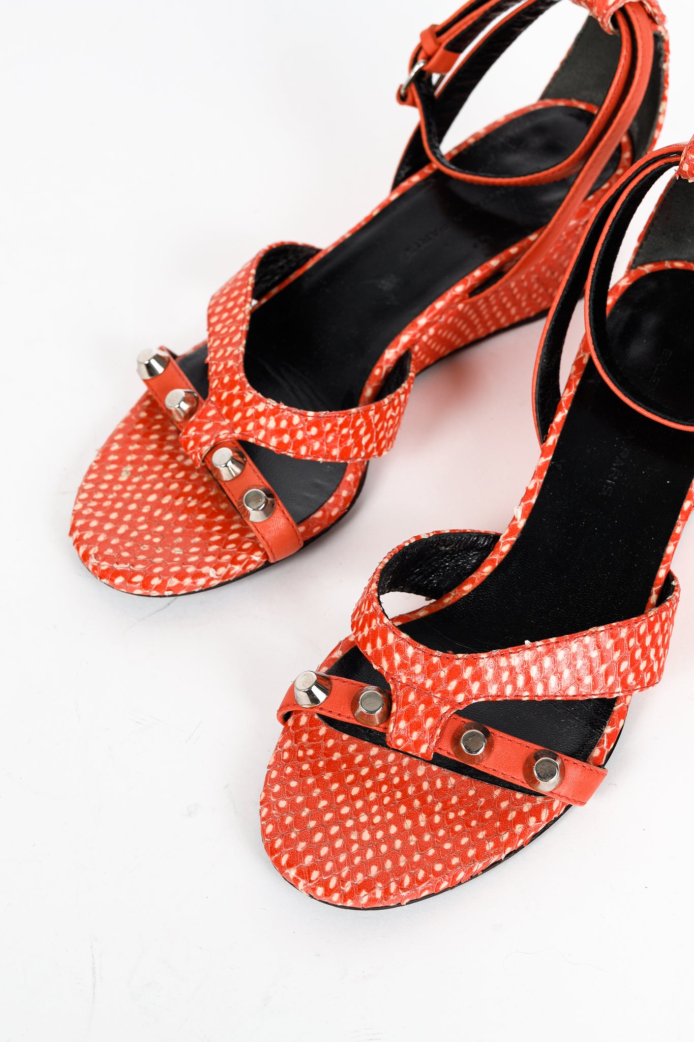 Balenciaga Orange Snakeskin-Embossed Studded Wedge Sandals