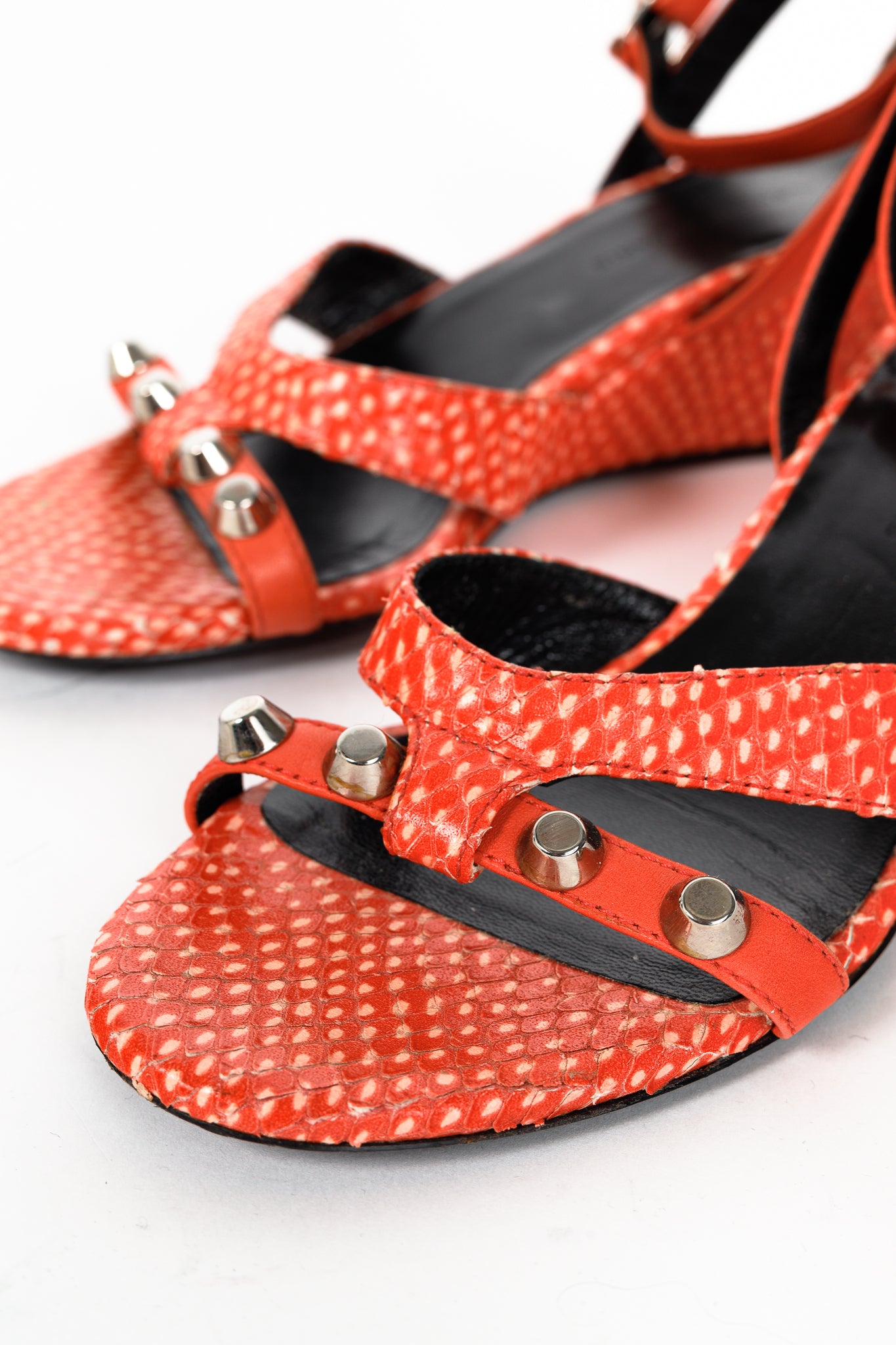 Balenciaga Orange Snakeskin-Embossed Studded Wedge Sandals