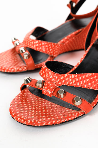 Balenciaga Orange Snakeskin-Embossed Studded Wedge Sandals