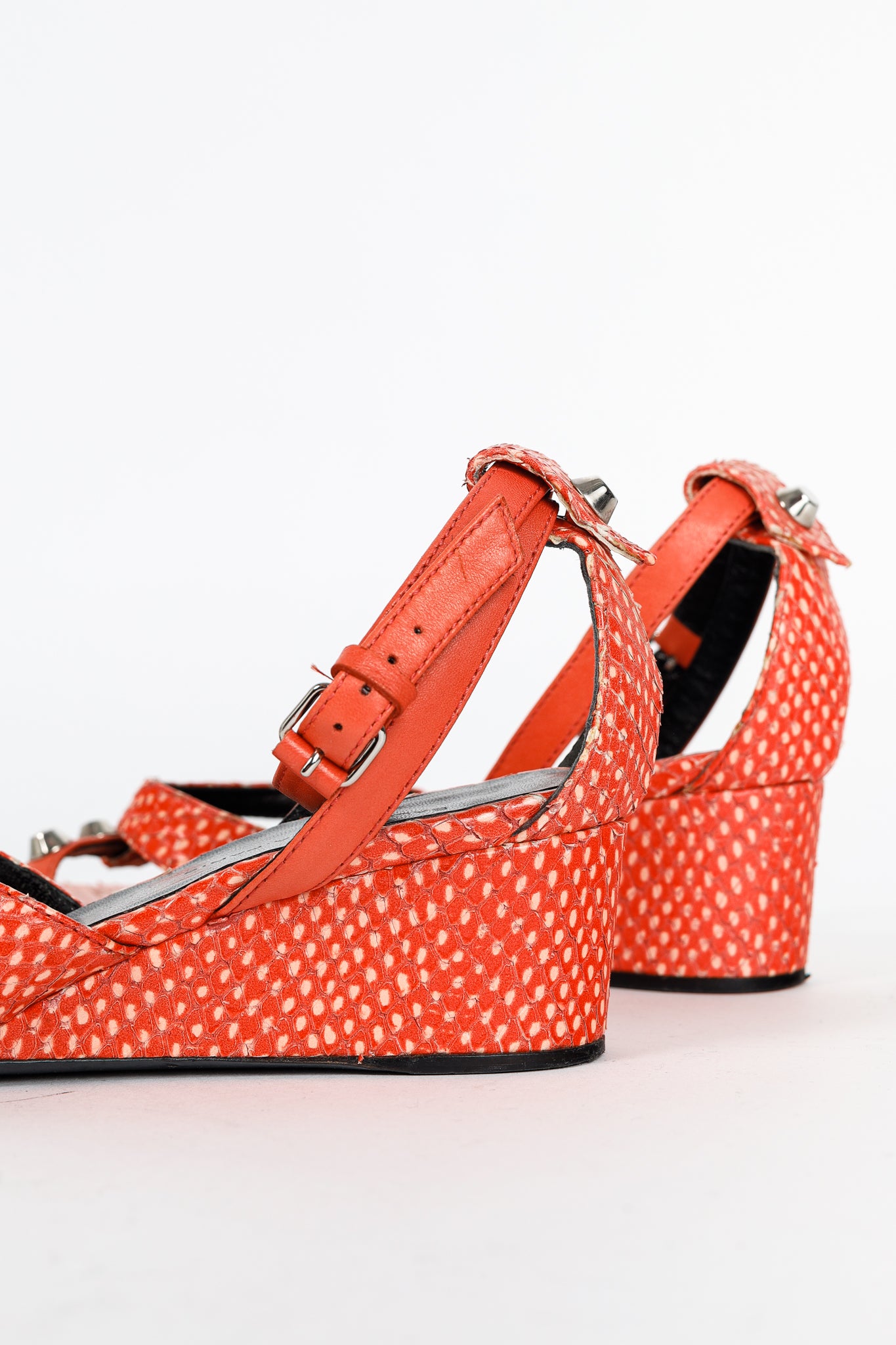 Balenciaga Orange Snakeskin-Embossed Studded Wedge Sandals