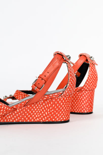 Balenciaga Orange Snakeskin-Embossed Studded Wedge Sandals