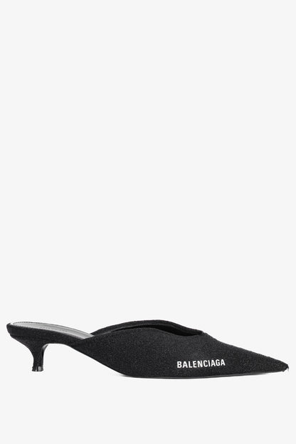 Balenciaga Black Glitter Knit Pointed-Toe Knife Mules