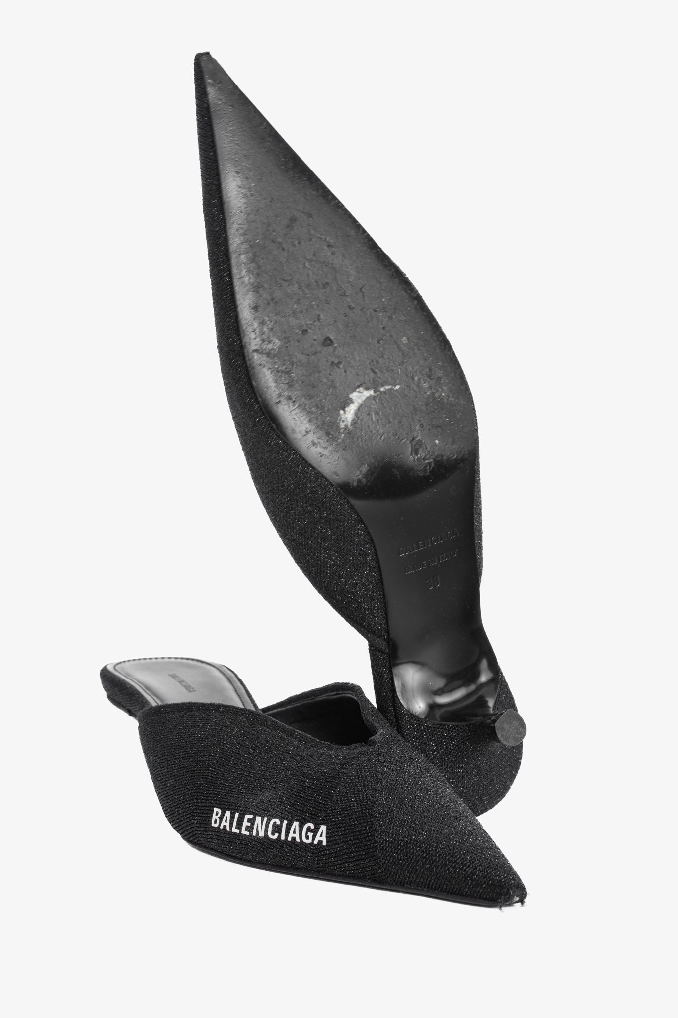 Balenciaga Black Glitter Knit Pointed-Toe Knife Mules