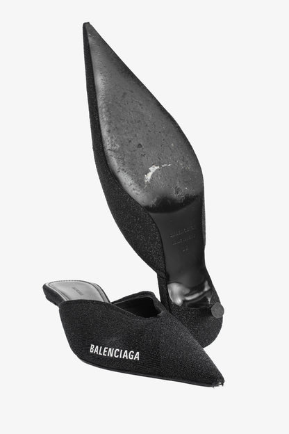 Balenciaga Black Glitter Knit Pointed-Toe Knife Mules