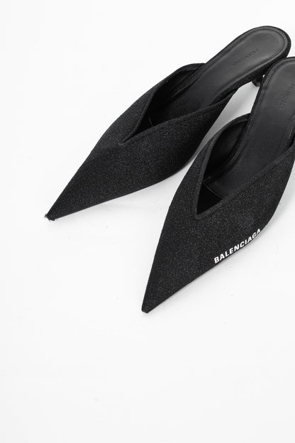 Balenciaga Black Glitter Knit Pointed-Toe Knife Mules