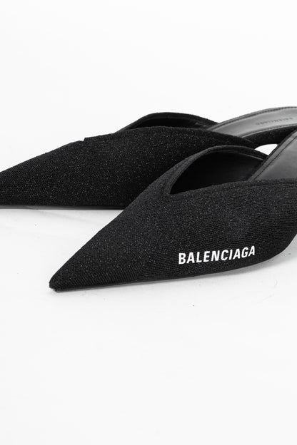 Balenciaga Black Glitter Knit Pointed-Toe Knife Mules