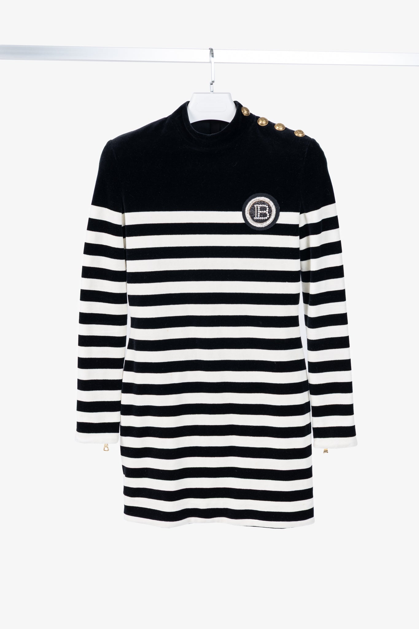 Balmain Black & White Striped Velvet Long-Sleeve Mini Dress