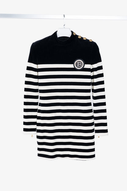 Balmain Black & White Striped Velvet Long-Sleeve Mini Dress