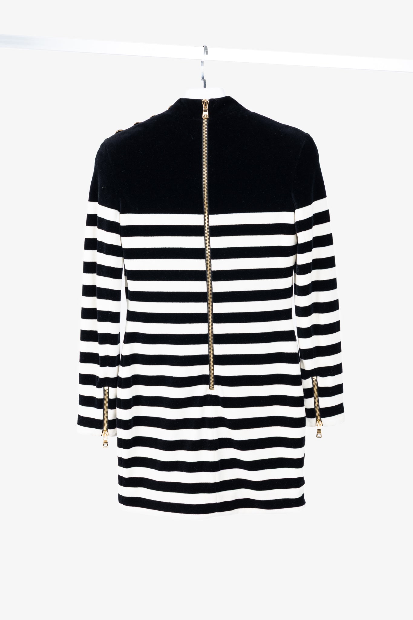 Balmain Black & White Striped Velvet Long-Sleeve Mini Dress