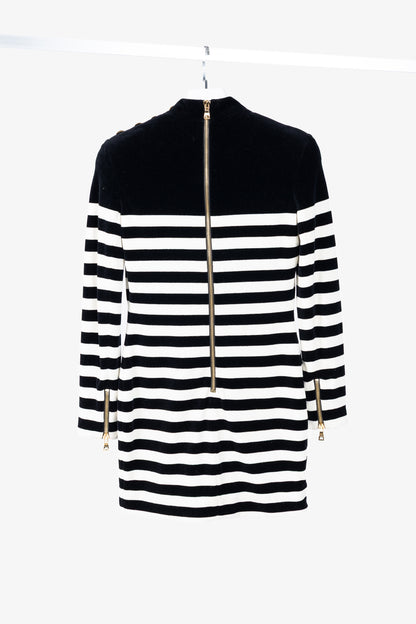Balmain Black & White Striped Velvet Long-Sleeve Mini Dress