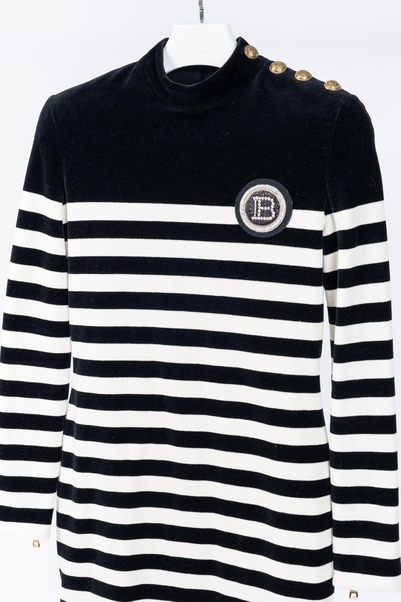 Balmain Black & White Striped Velvet Long-Sleeve Mini Dress