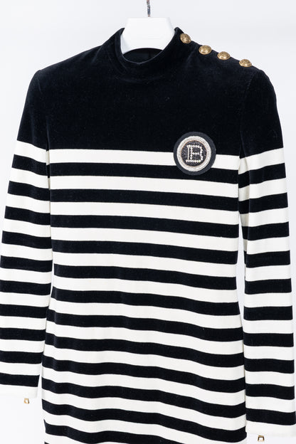 Balmain Black & White Striped Velvet Long-Sleeve Mini Dress