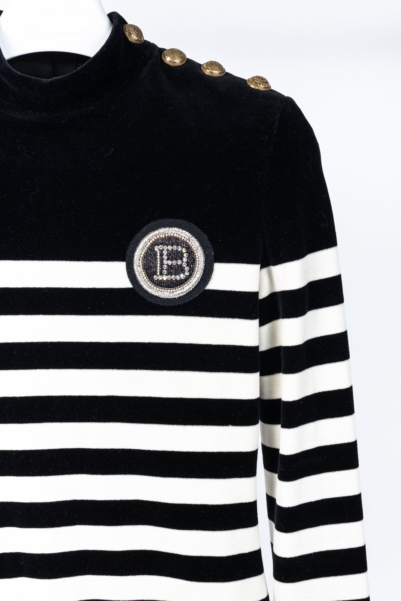 Balmain Black & White Striped Velvet Long-Sleeve Mini Dress