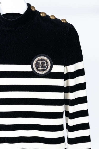 Balmain Black & White Striped Velvet Long-Sleeve Mini Dress