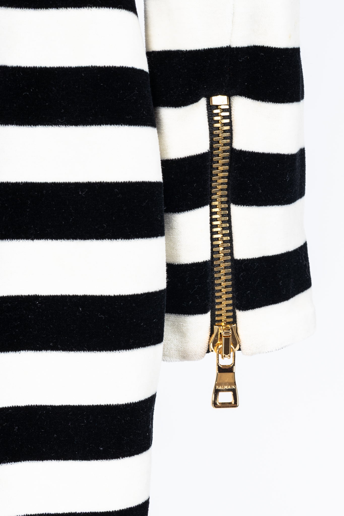 Balmain Black & White Striped Velvet Long-Sleeve Mini Dress