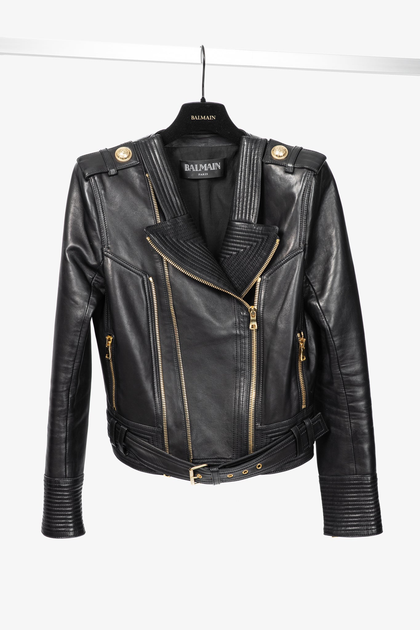 Balmain Black Lambskin-Leather Quilted Biker Jacket