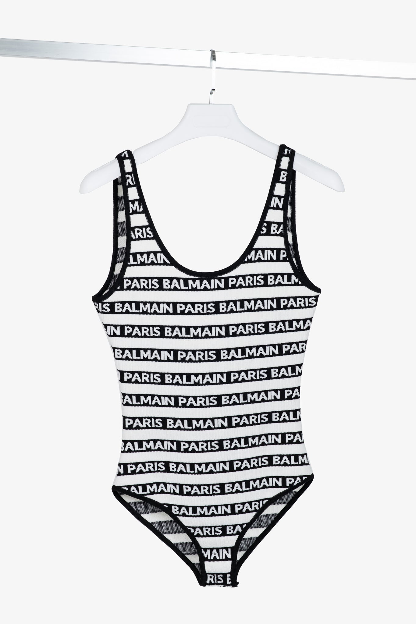 Balmain Black & White Knit All-Over Logo-Stripe Bodysuit
