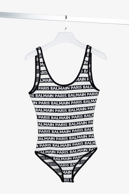 Balmain Black & White Knit All-Over Logo-Stripe Bodysuit