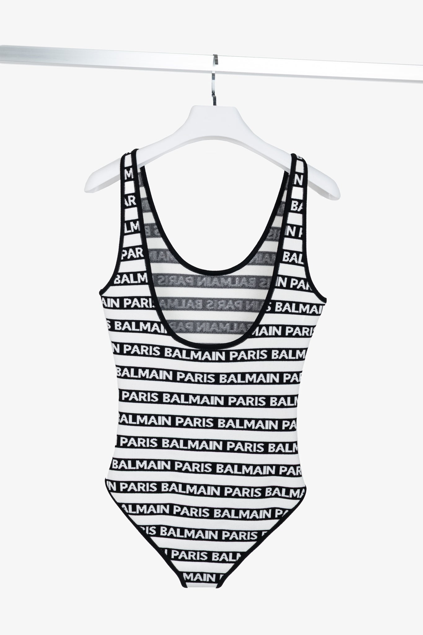 Balmain Black & White Knit All-Over Logo-Stripe Bodysuit