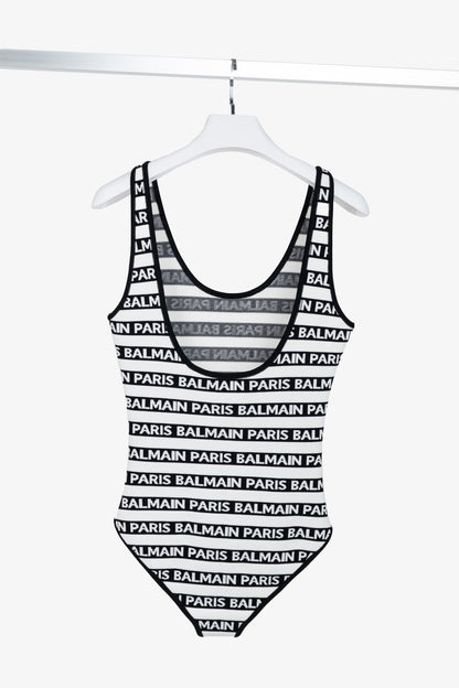 Balmain Black & White Knit All-Over Logo-Stripe Bodysuit