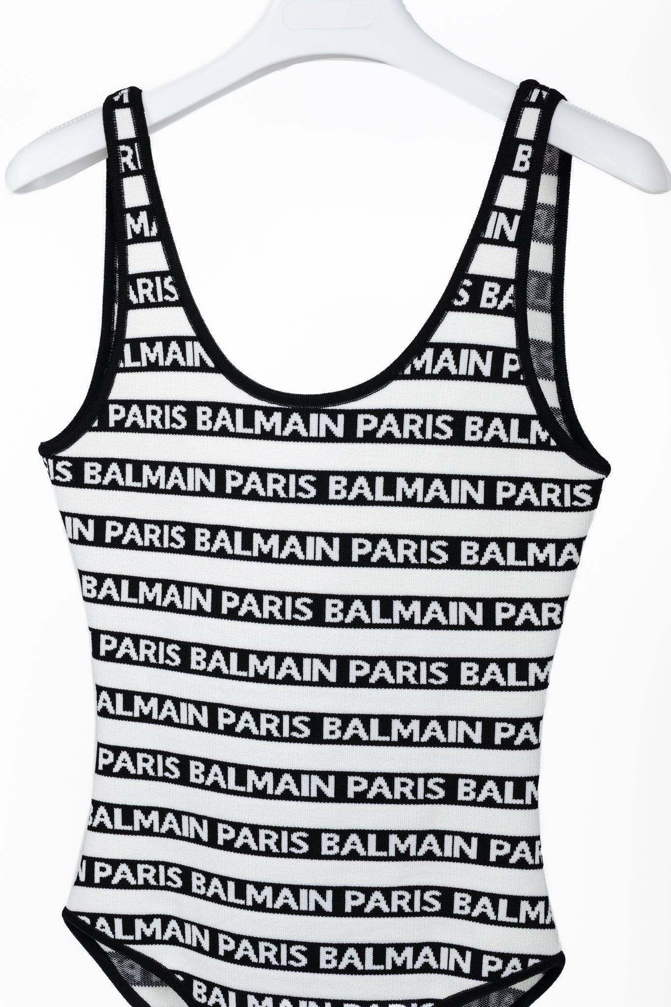 Balmain Black & White Knit All-Over Logo-Stripe Bodysuit