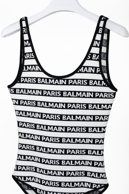 Balmain Black & White Knit All-Over Logo-Stripe Bodysuit