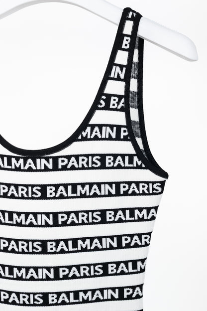 Balmain Black & White Knit All-Over Logo-Stripe Bodysuit