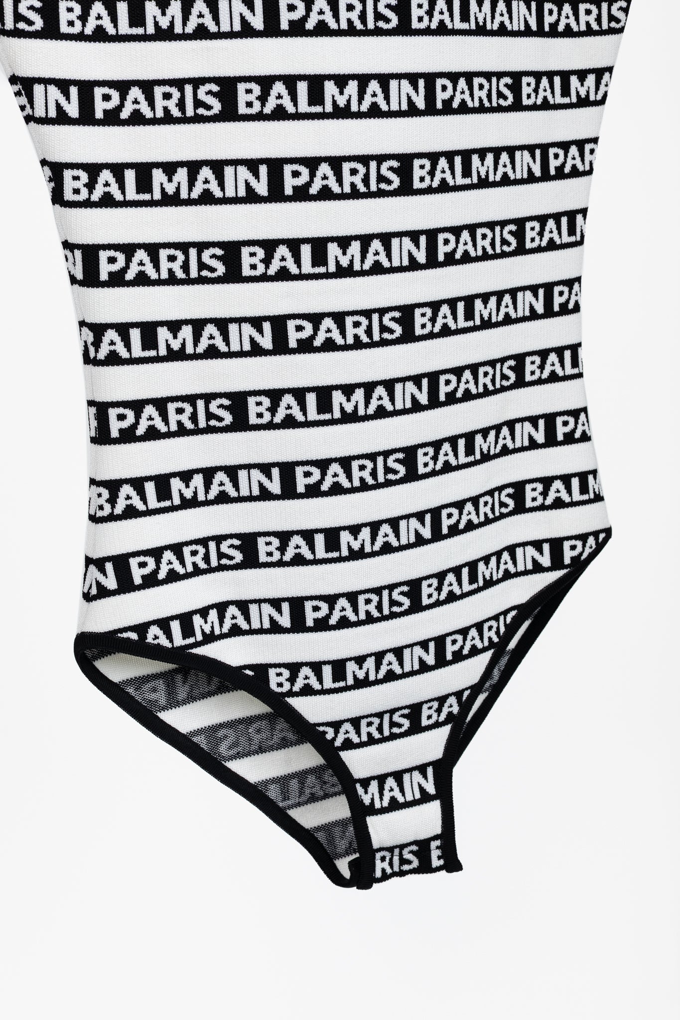 Balmain Black & White Knit All-Over Logo-Stripe Bodysuit