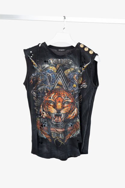 Balmain Black Cotton Distressed 3-Button Graphic Tank