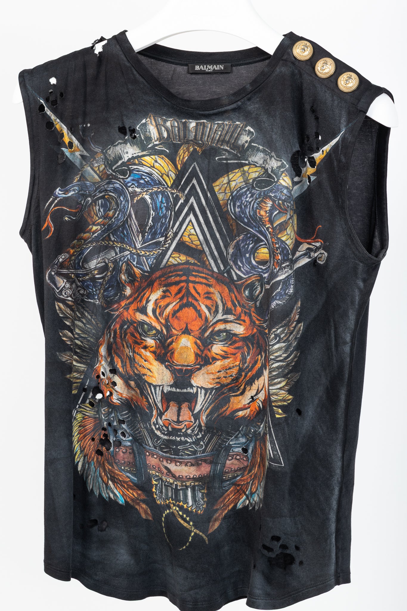 Balmain Black Cotton Distressed 3-Button Graphic Tank