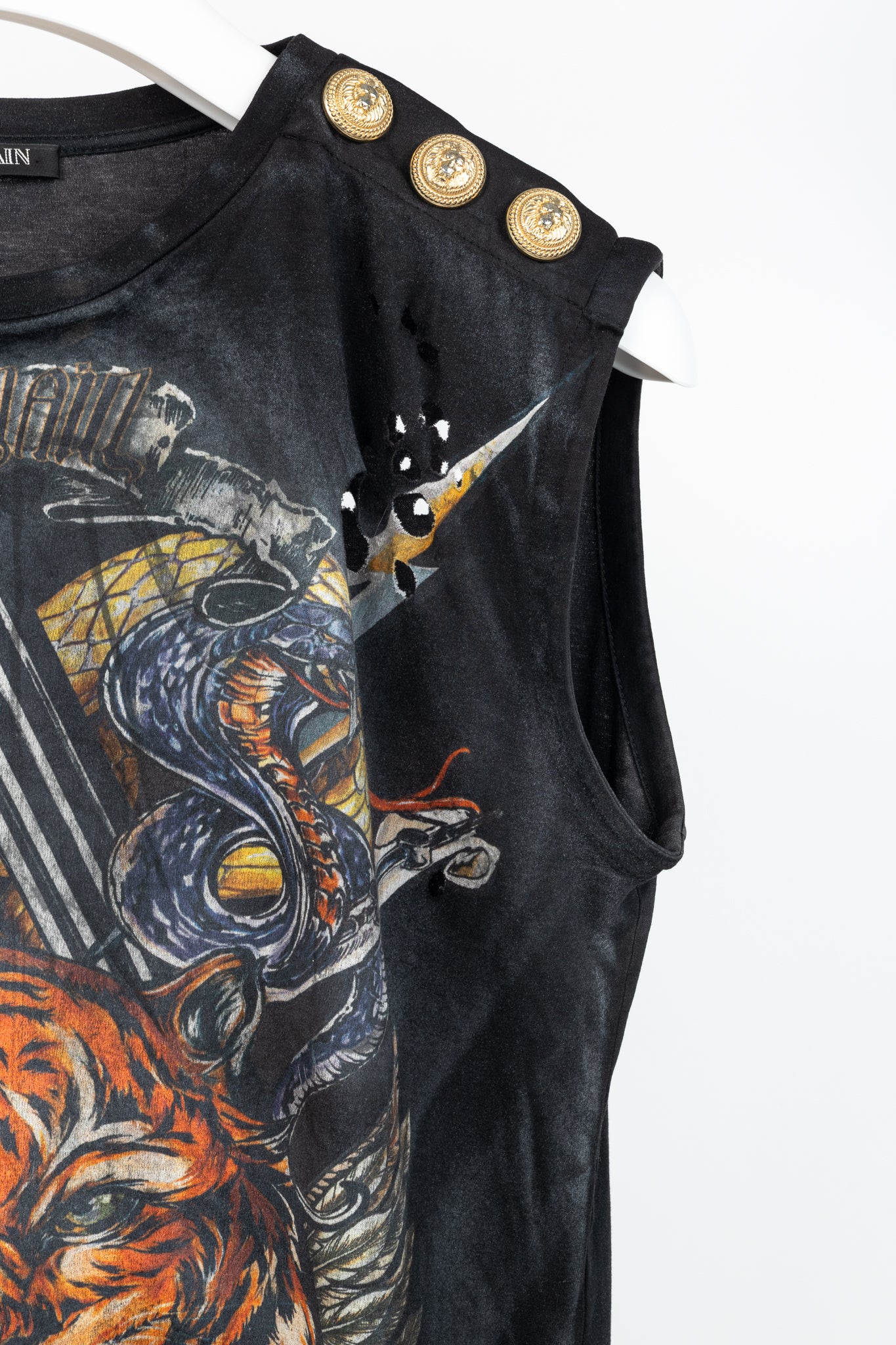Balmain Black Cotton Distressed 3-Button Graphic Tank