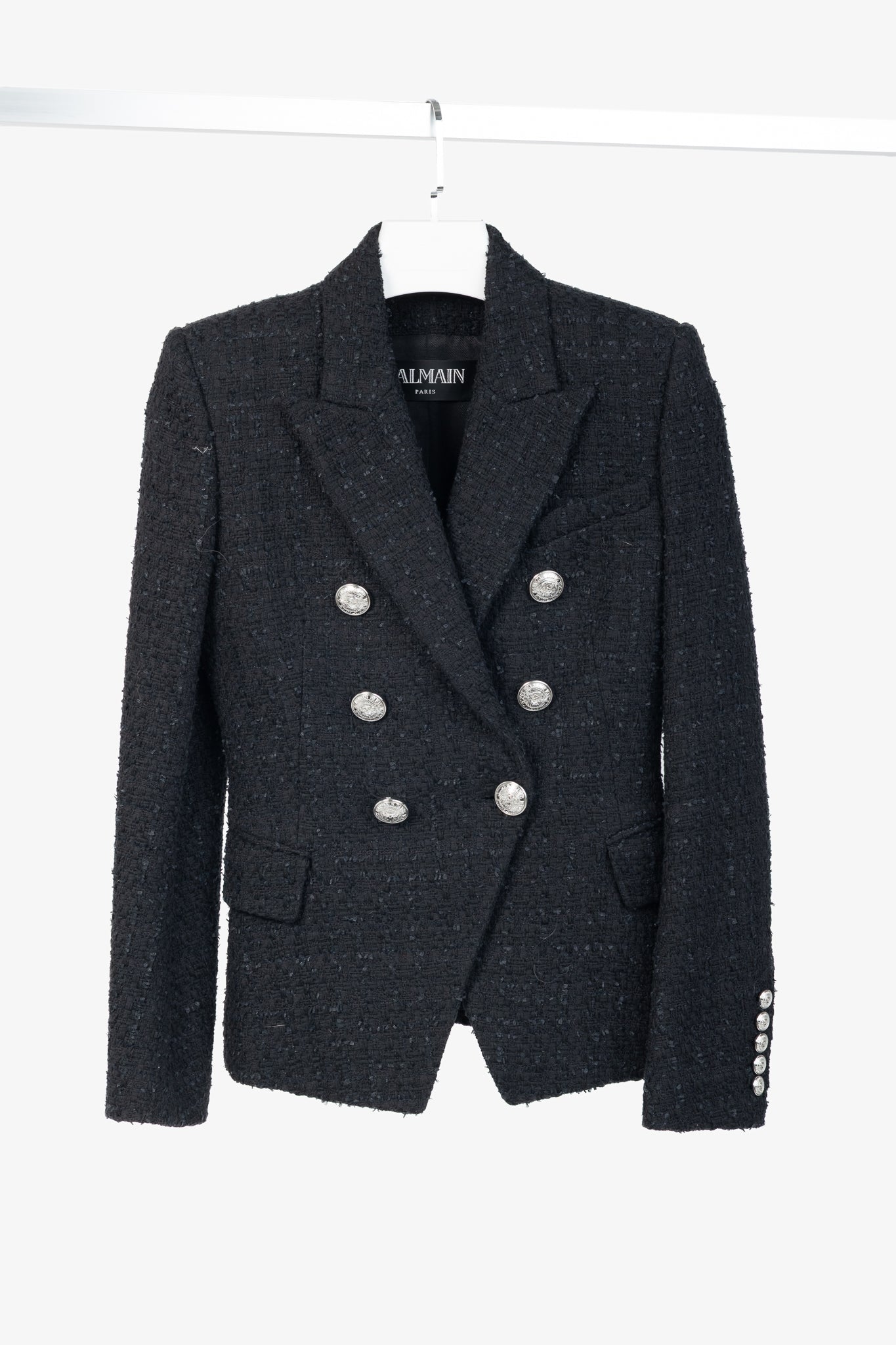 Balmain SS/19 Black Cotton Tweed Double-Breasted Blazer