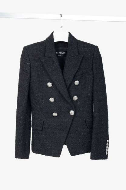 Balmain SS/19 Black Cotton Tweed Double-Breasted Blazer