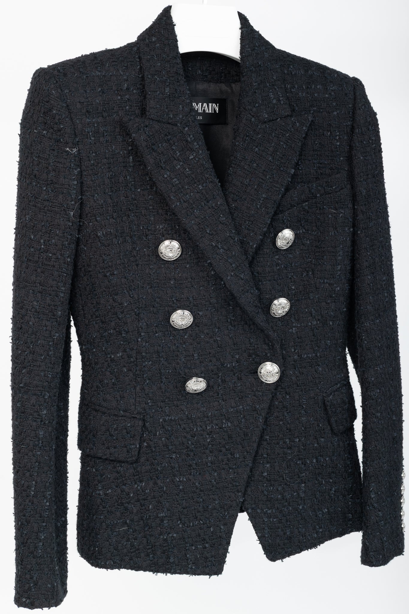 Balmain SS/19 Black Cotton Tweed Double-Breasted Blazer