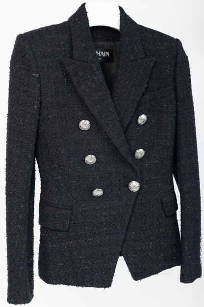 Balmain SS/19 Black Cotton Tweed Double-Breasted Blazer