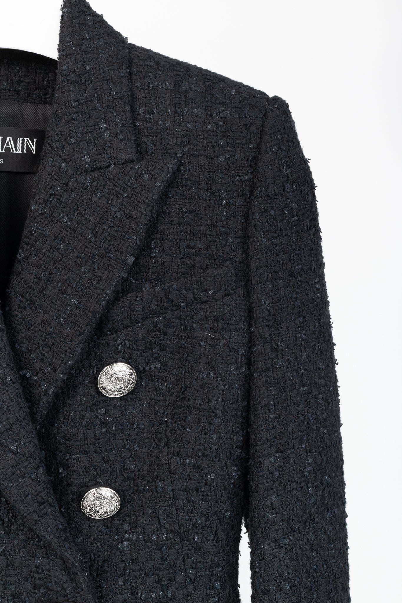 Balmain SS/19 Black Cotton Tweed Double-Breasted Blazer