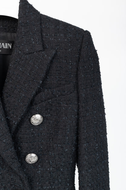 Balmain SS/19 Black Cotton Tweed Double-Breasted Blazer
